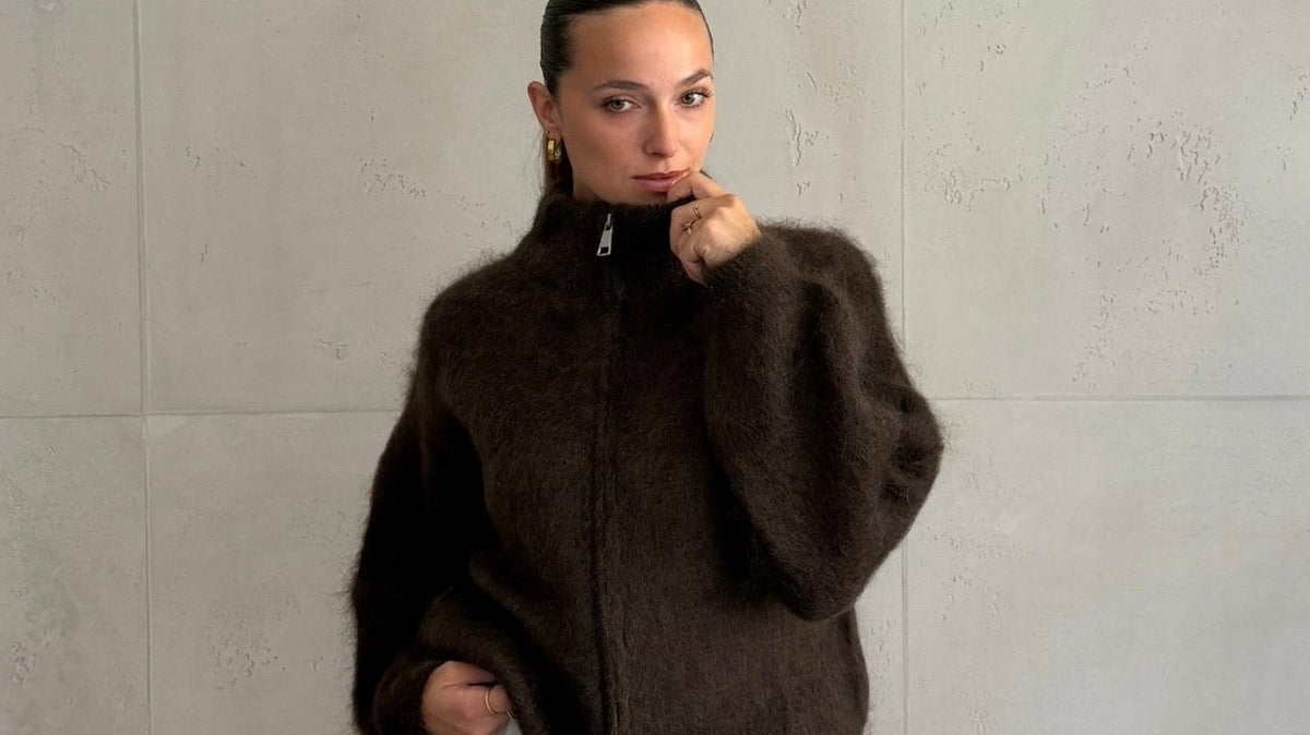 Mohair Zip-Strickjacke mit Stehkragen in Espresso-Braun