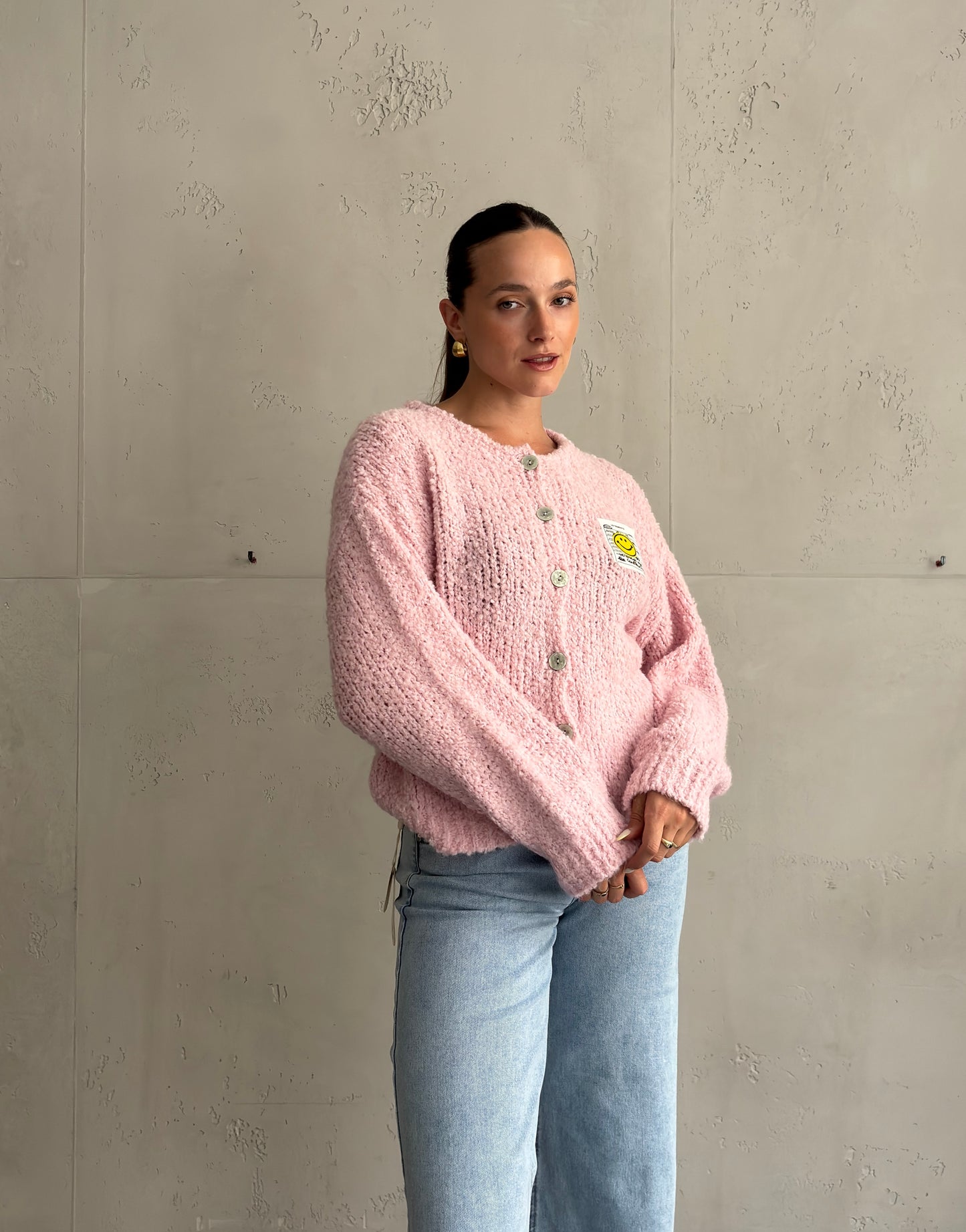 Bouclé Strickjacke mit Smiley Patch
