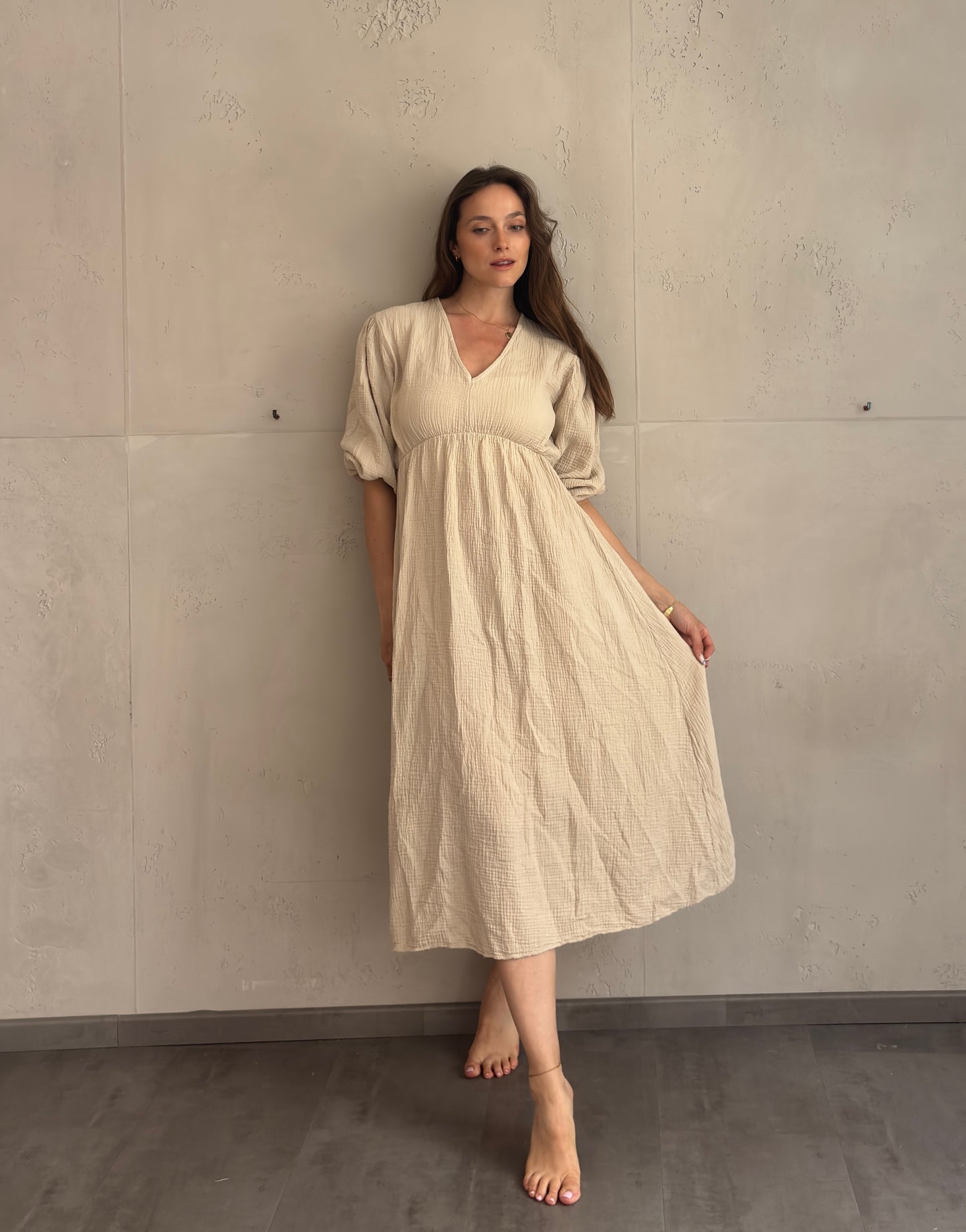 Maxi Musselin Kleid mit Ärmeln uni