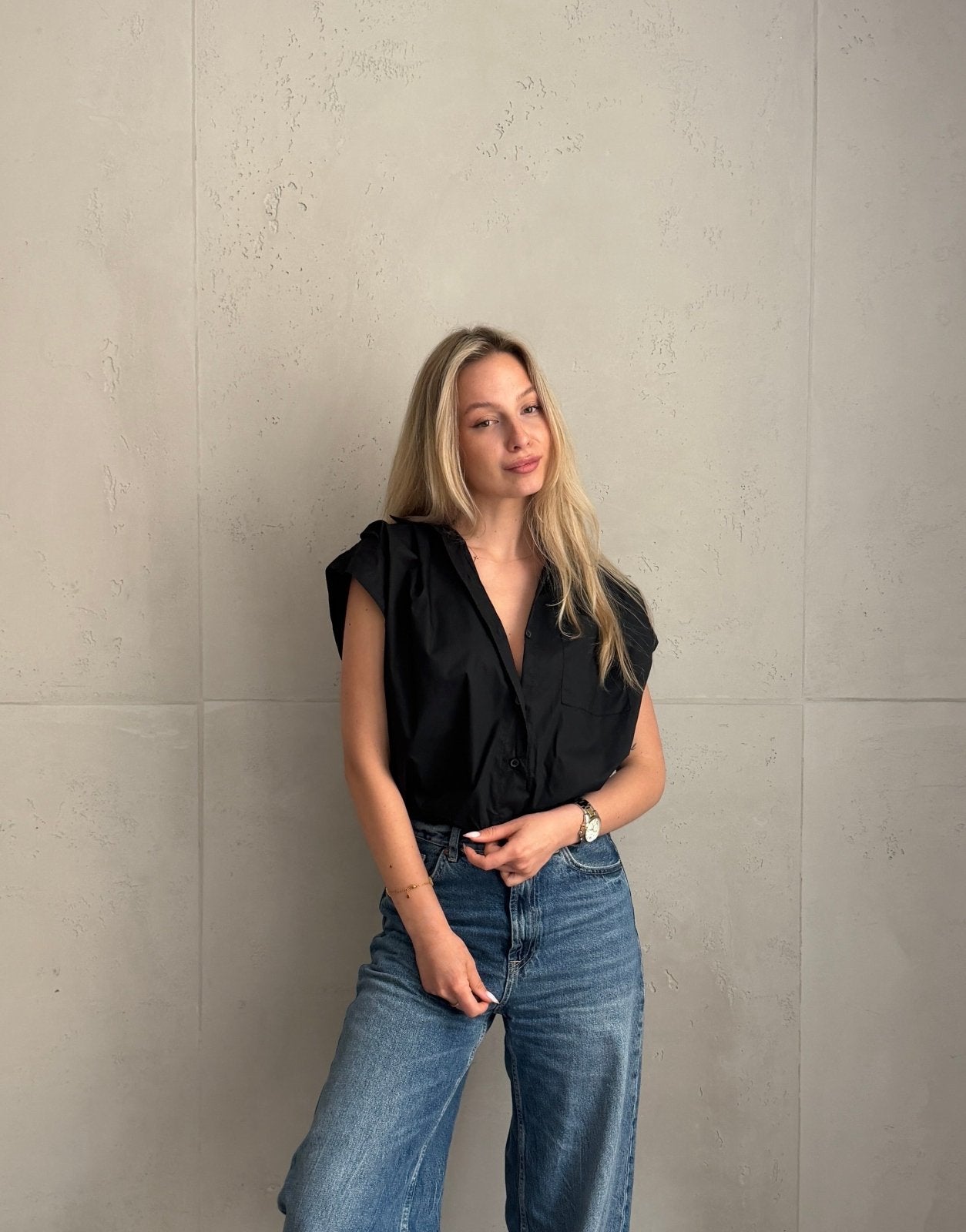 Ärmellose Hemdbluse mit Gummizug & Brusttasche – 100% Baumwolle - Switch - Fashion