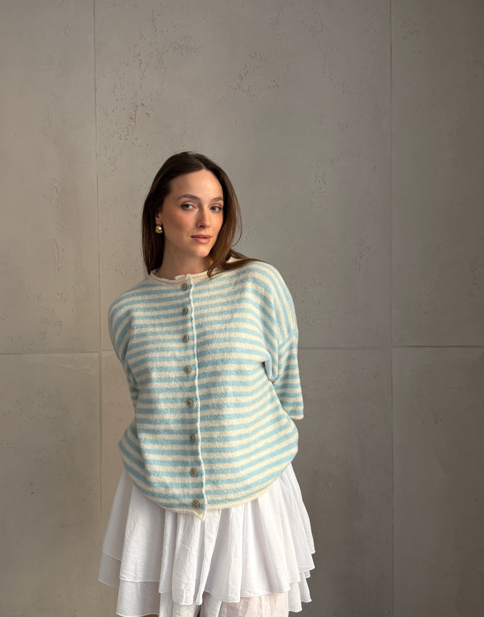 Durchgeknöpfter Kurzarm - Pullover mit Streifen - Switch - Fashion