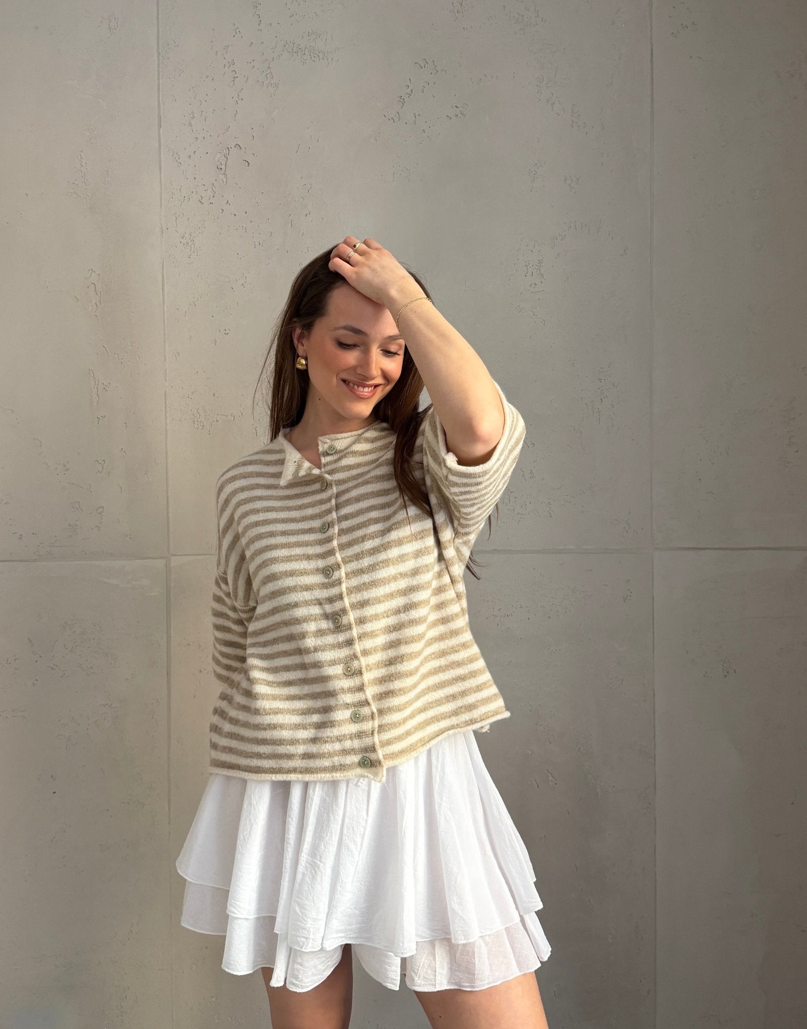 Durchgeknöpfter Kurzarm - Pullover mit Streifen - Switch - Fashion