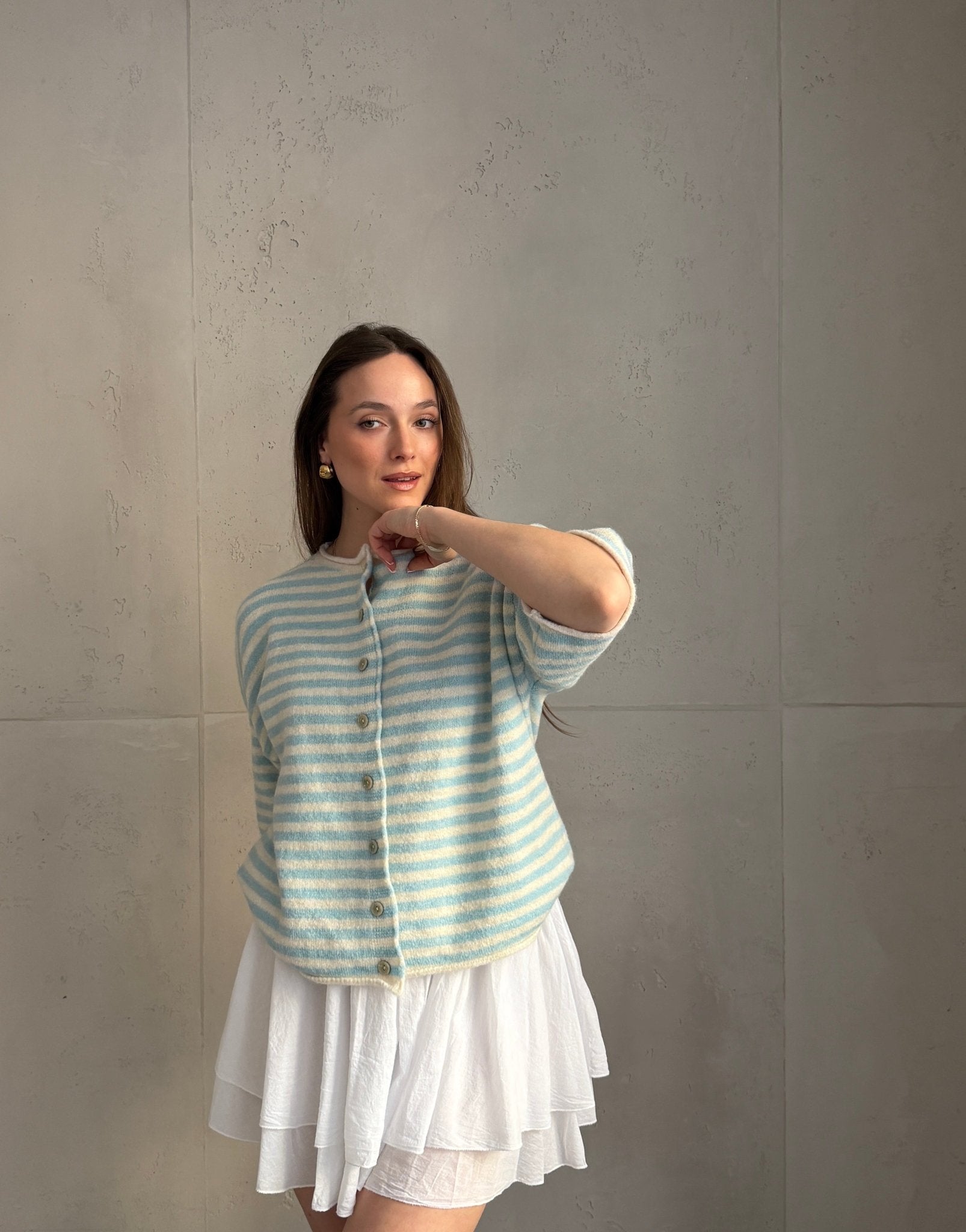 Durchgeknöpfter Kurzarm - Pullover mit Streifen - Switch - Fashion