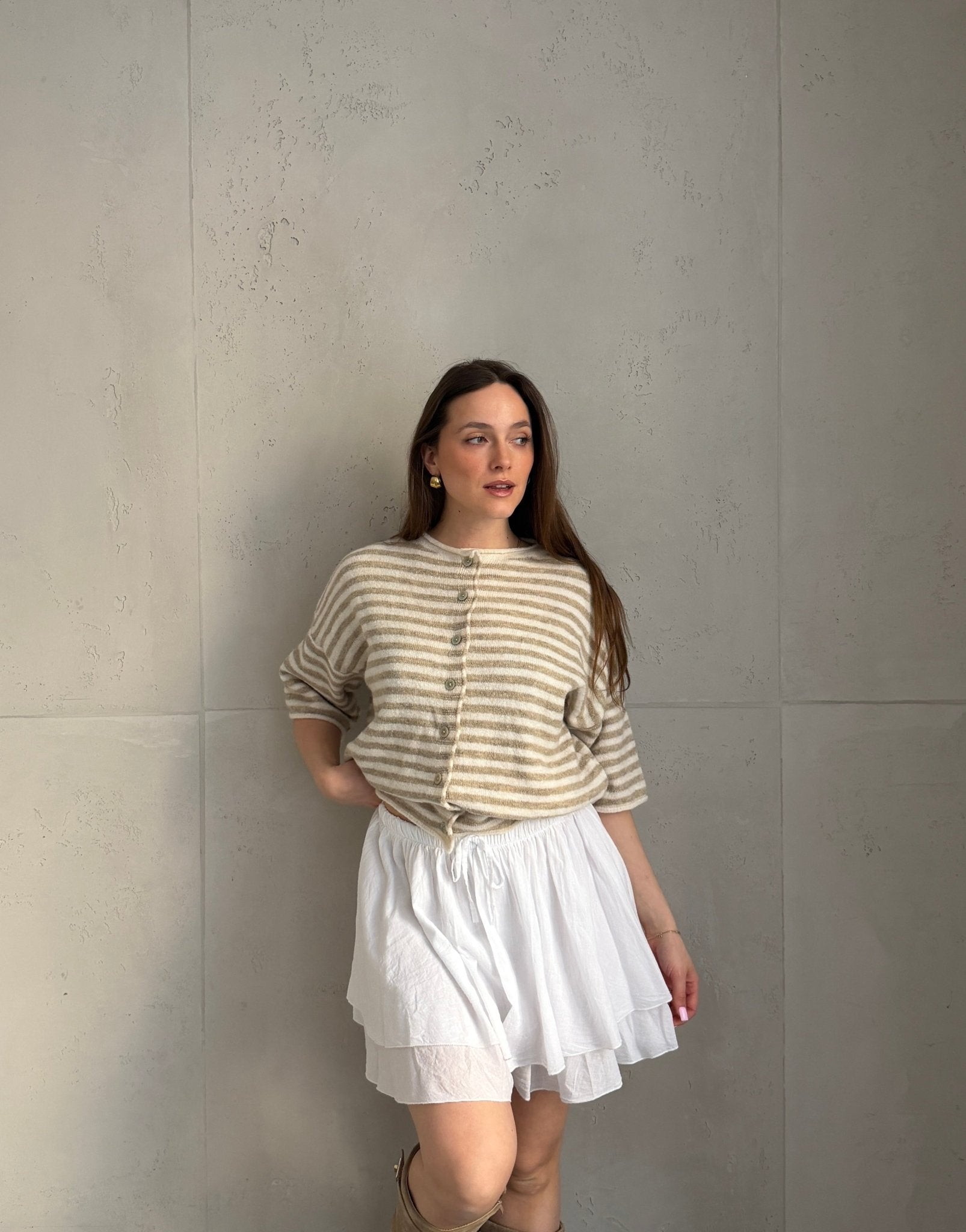 Durchgeknöpfter Kurzarm - Pullover mit Streifen - Switch - Fashion