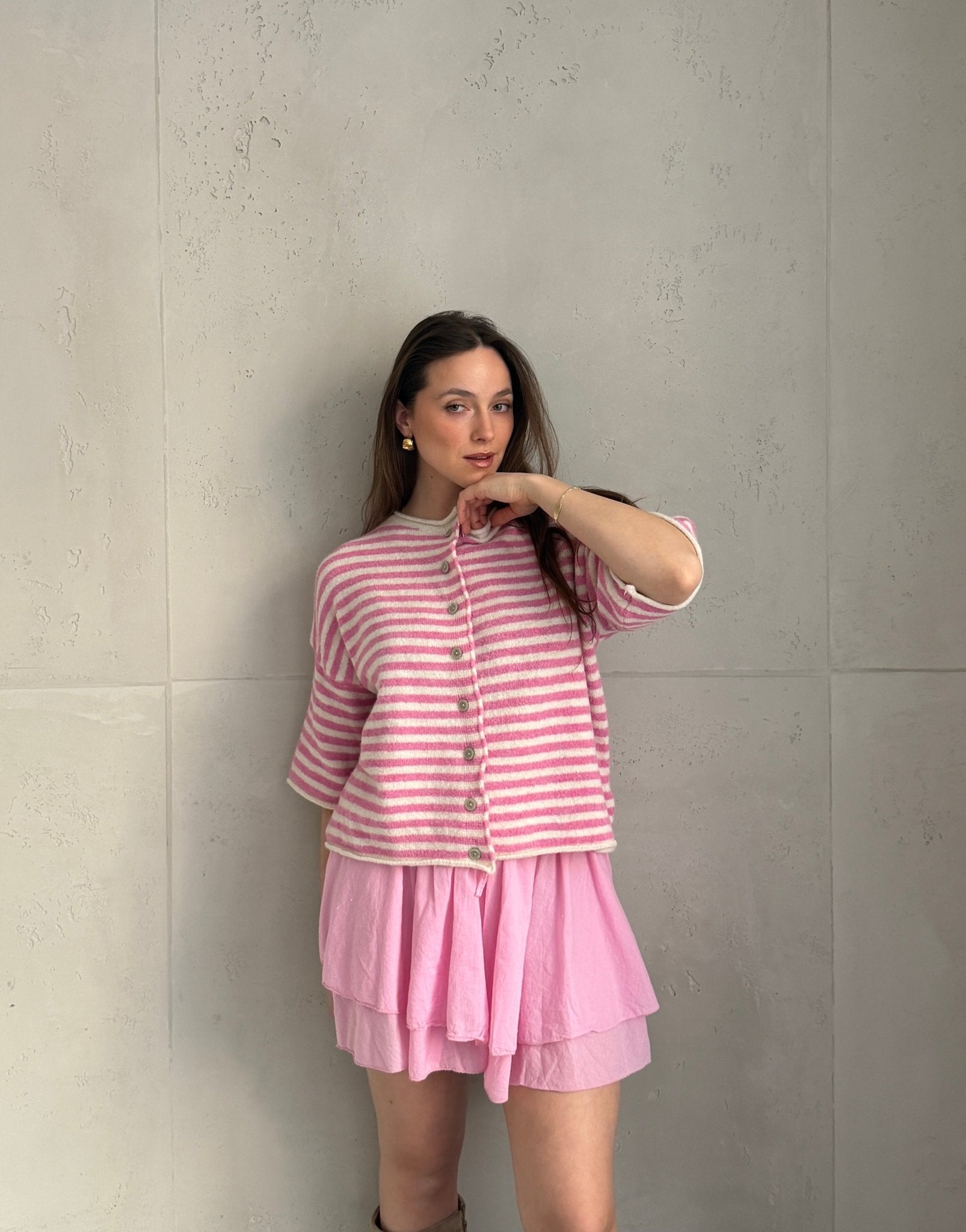 Durchgeknöpfter Kurzarm - Pullover mit Streifen - Switch - Fashion