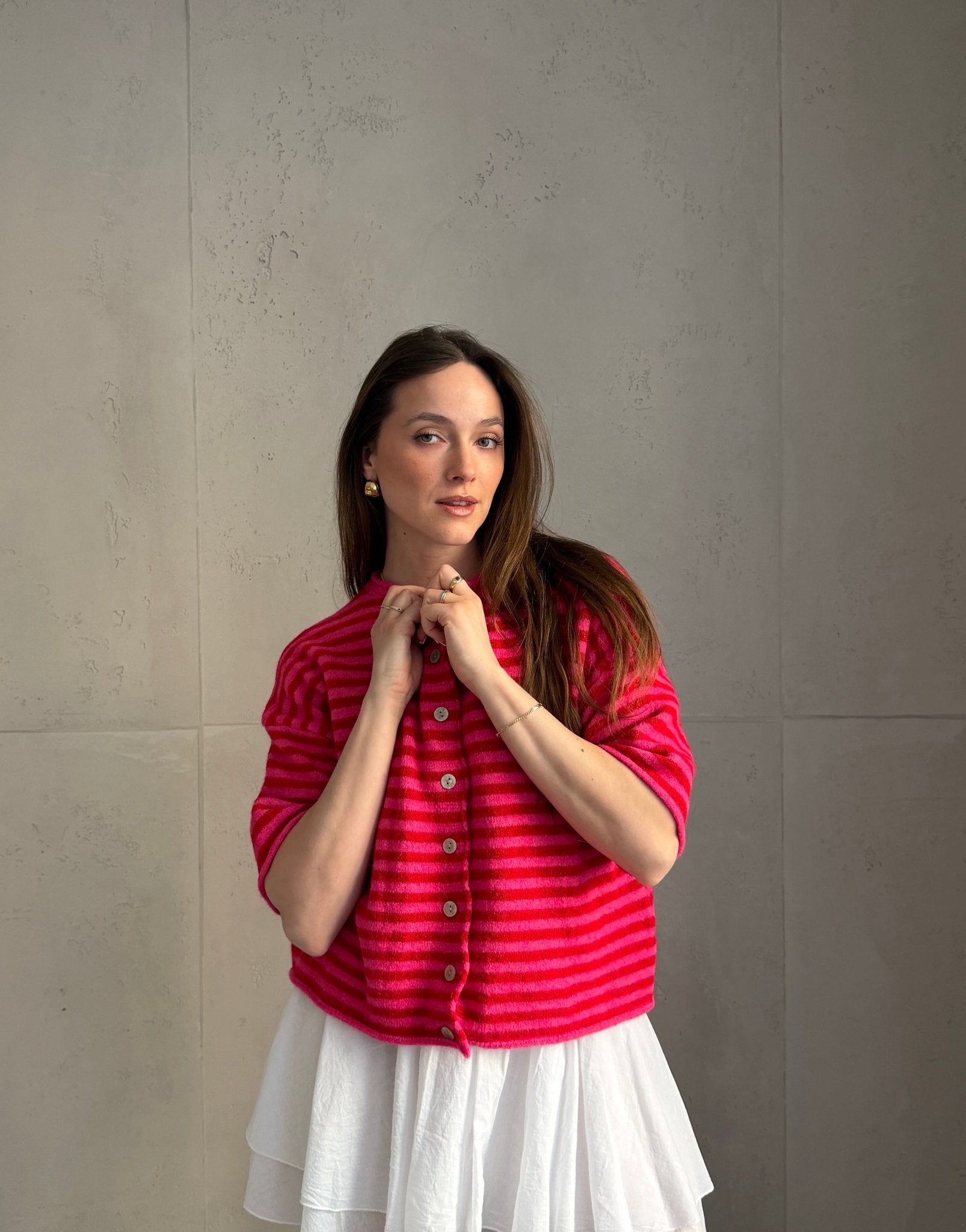 Durchgeknöpfter Kurzarm - Pullover mit Streifen - Switch - Fashion