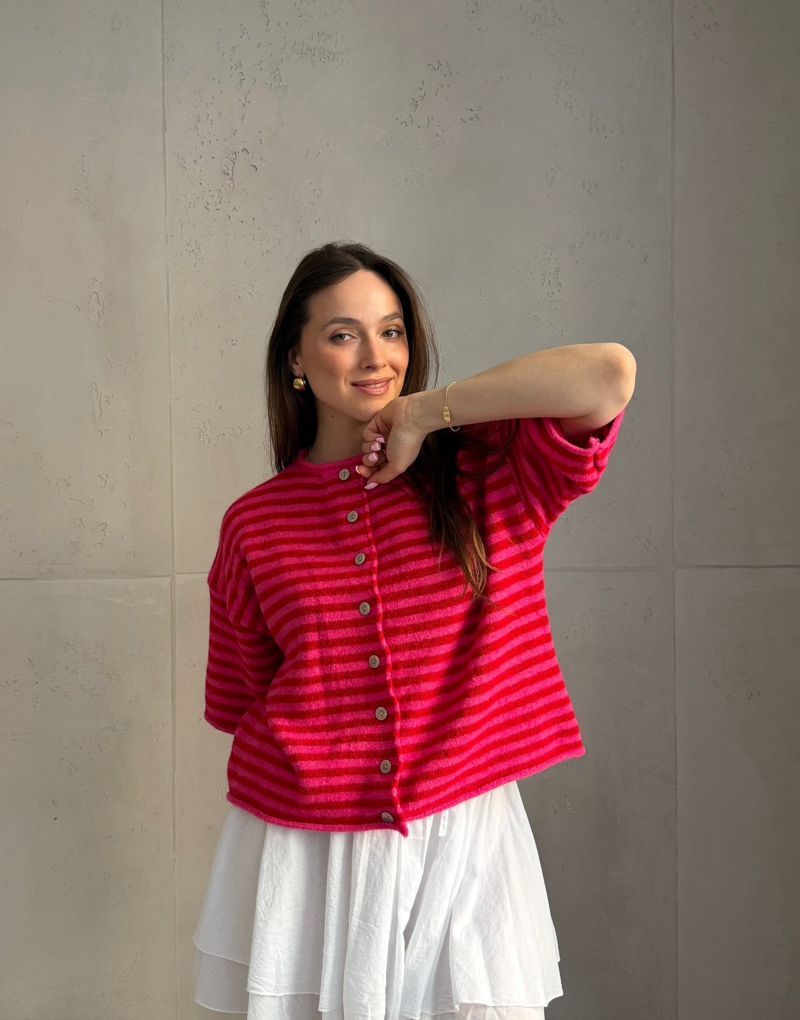 Durchgeknöpfter Kurzarm - Pullover mit Streifen - Switch - Fashion