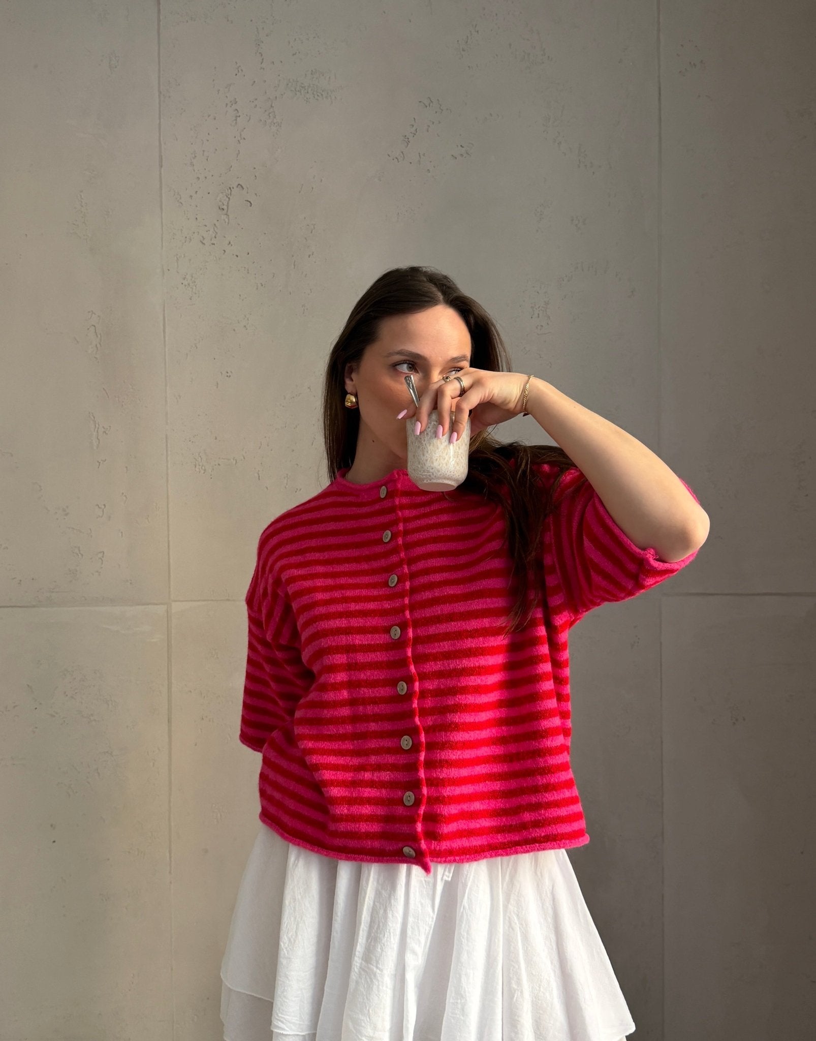 Durchgeknöpfter Kurzarm - Pullover mit Streifen - Switch - Fashion