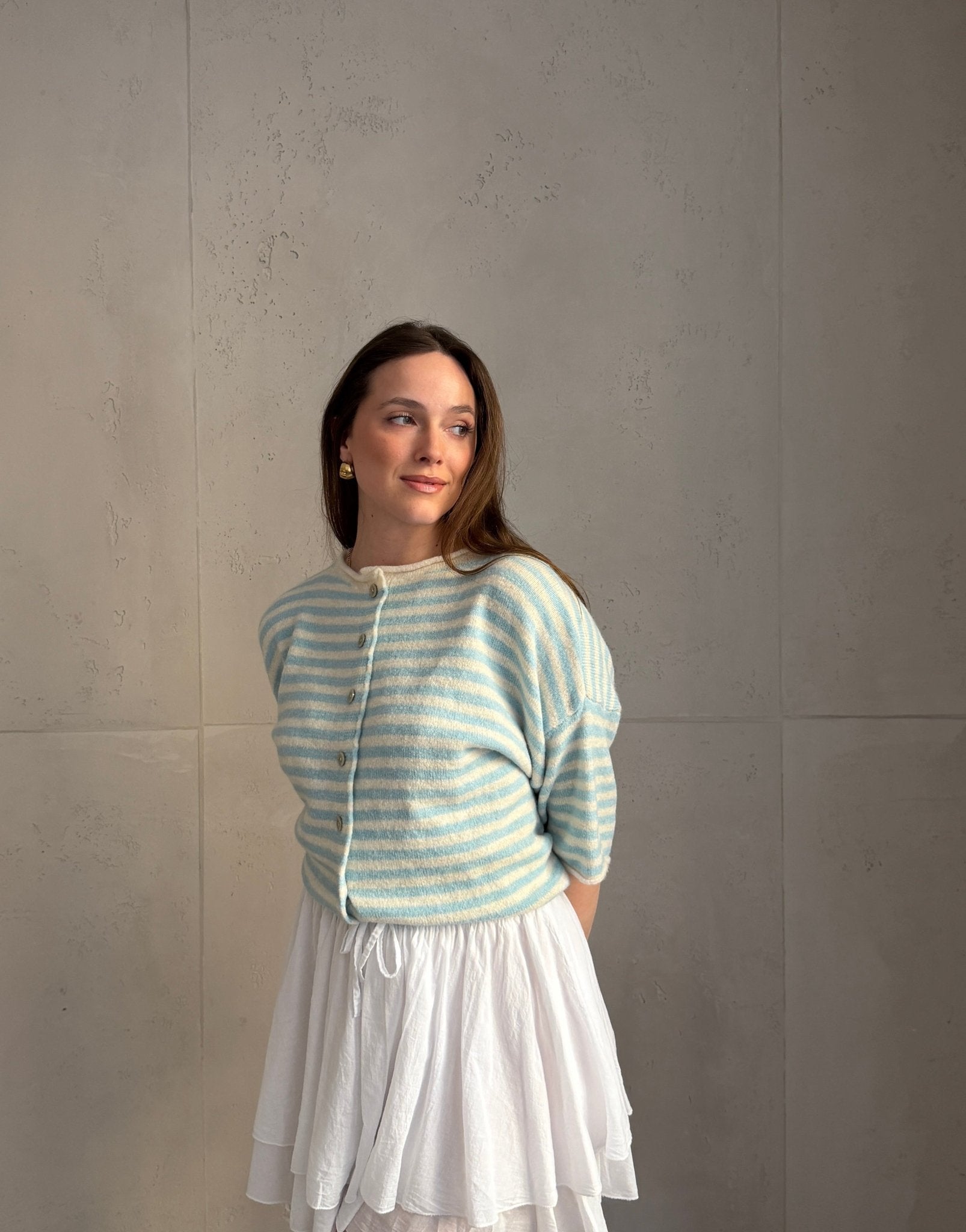 Durchgeknöpfter Kurzarm - Pullover mit Streifen - Switch - Fashion