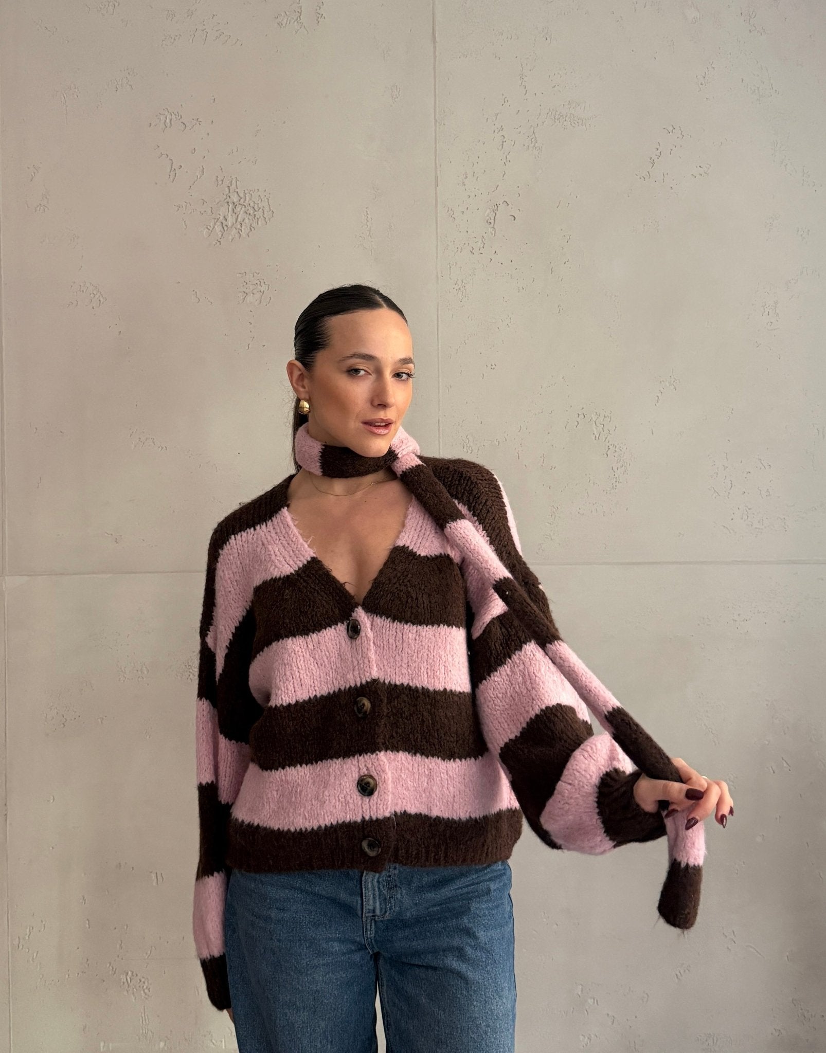 Gestreifte Strickjacke mit Schal & V - Ausschnitt - Switch - Fashion