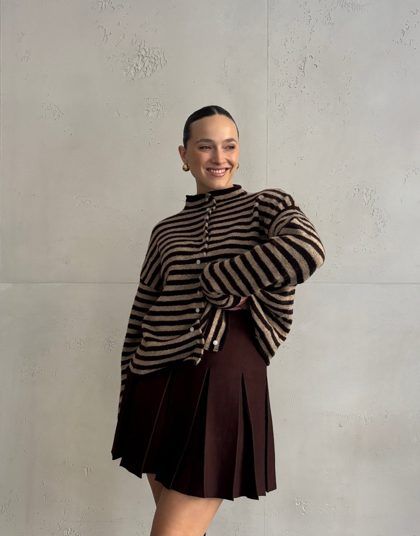 Gestreifte Strickjacke mit Stehkragen & Knöpfen - Switch - Fashion