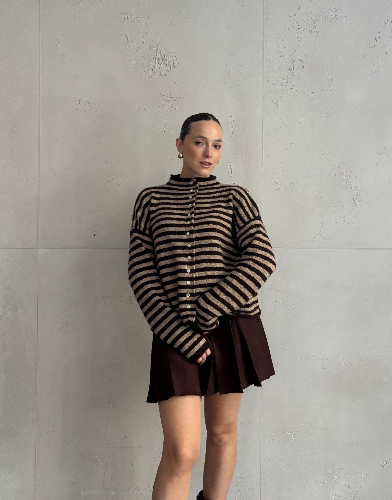 Gestreifte Strickjacke mit Stehkragen & Knöpfen - Switch - Fashion