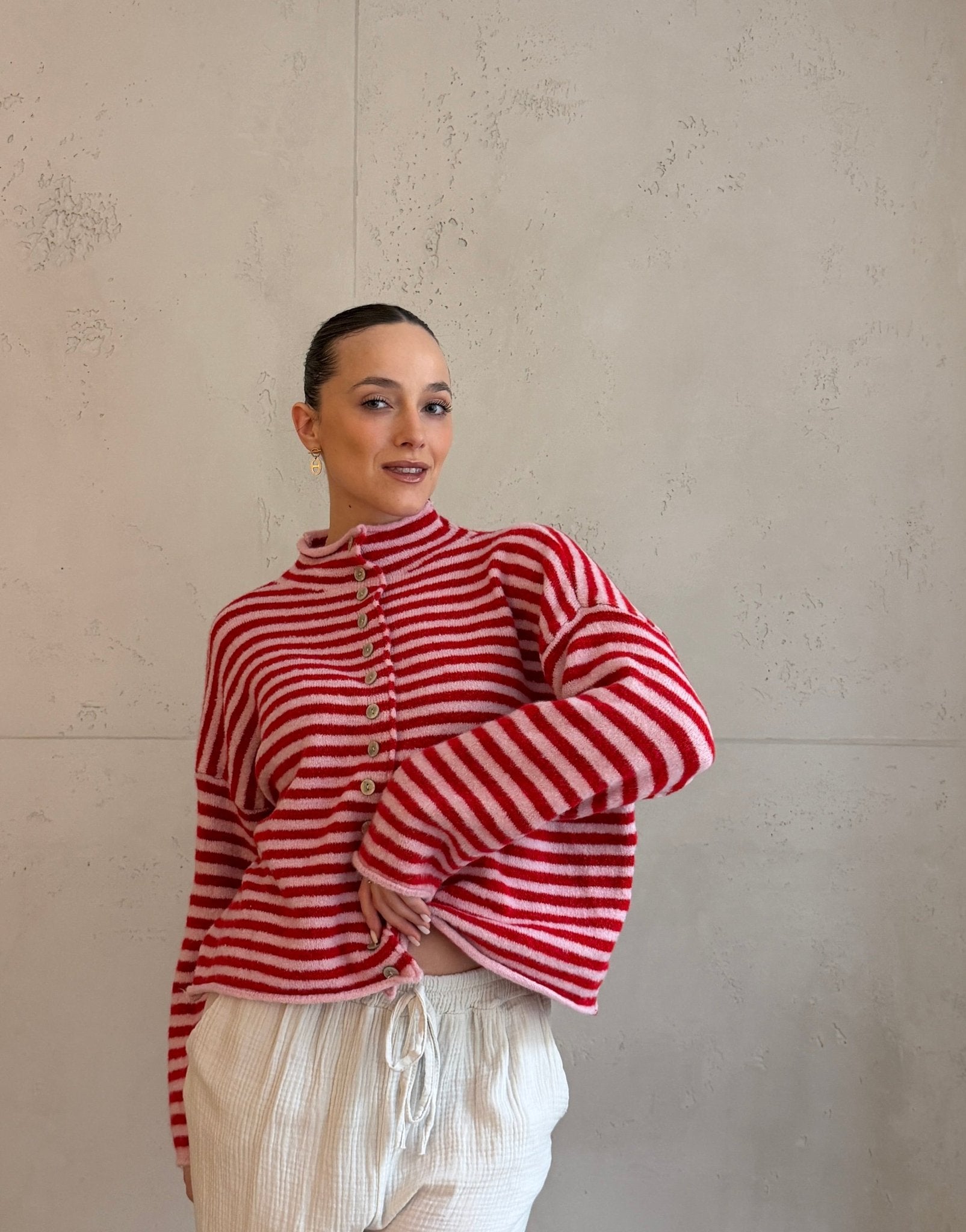 Gestreifte Strickjacke mit Stehkragen & Knöpfen - Switch - Fashion