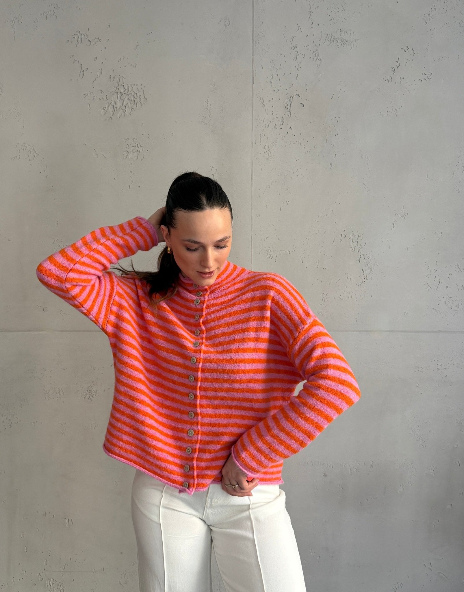 Gestreifte Strickjacke mit Stehkragen & Knöpfen - Switch - Fashion