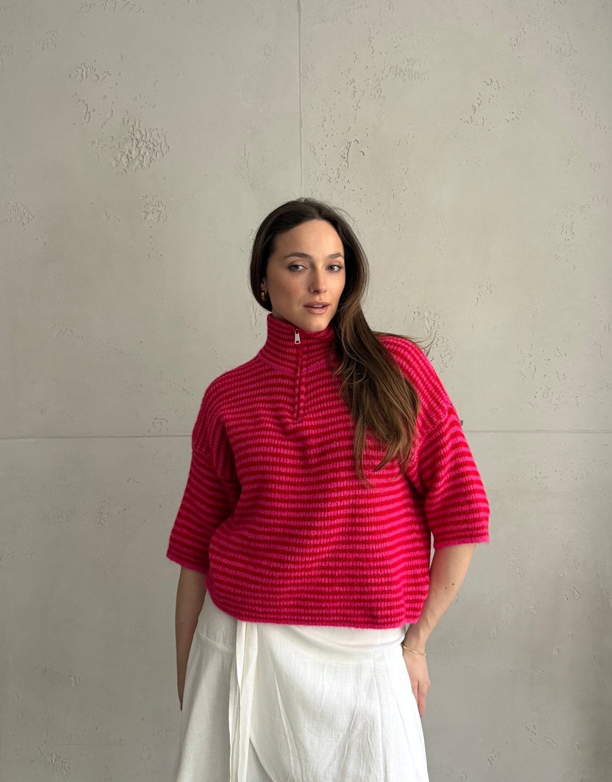 Gestreifter Kurzarm - Pullover mit Quarter - Zip und Kragen - Switch - Fashion