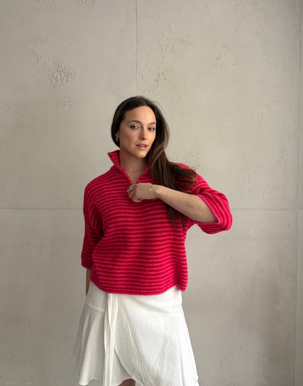 Gestreifter Kurzarm - Pullover mit Quarter - Zip und Kragen - Switch - Fashion