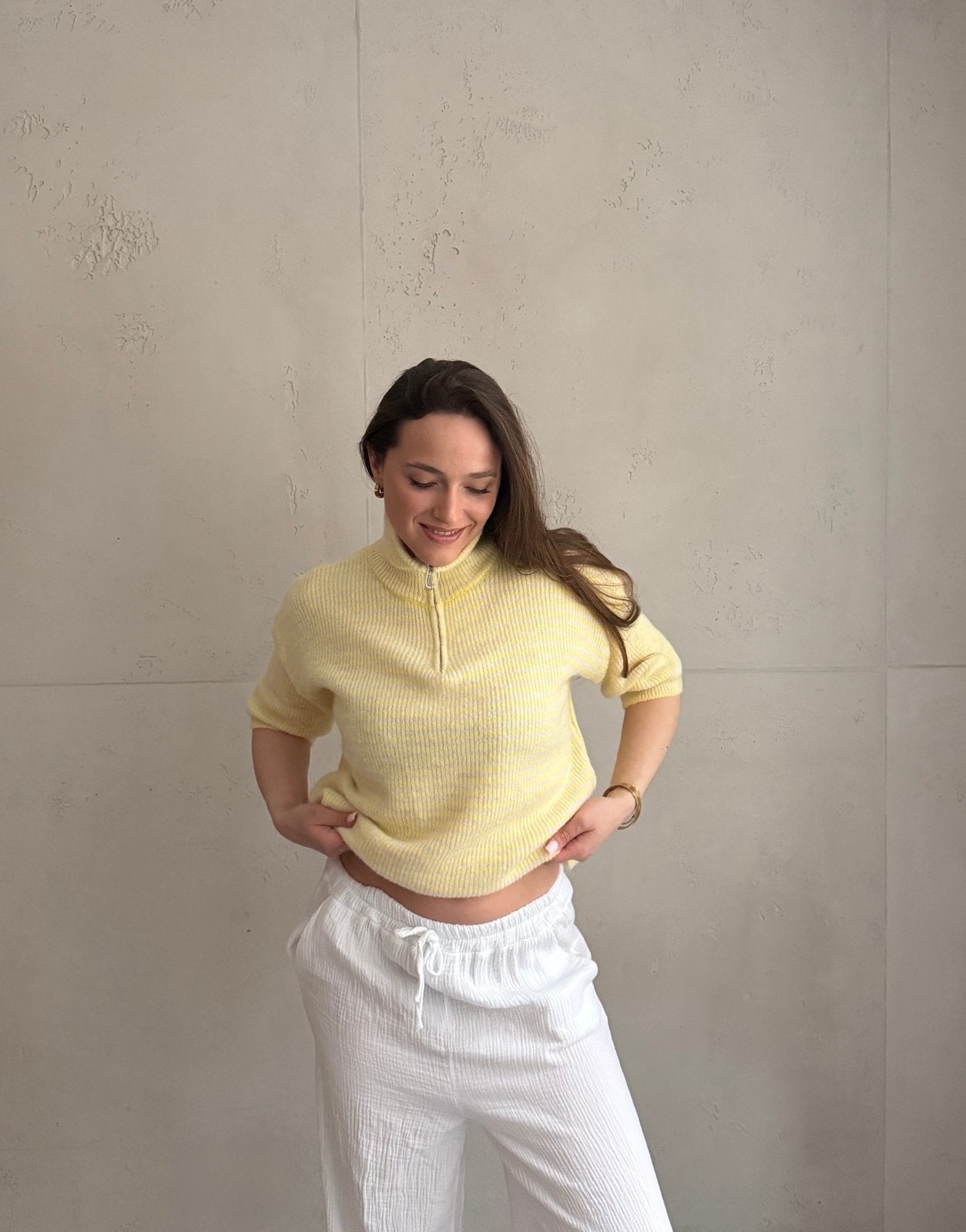 Gestreifter Kurzarm - Pullover mit Quarter - Zip und Kragen - Switch - Fashion