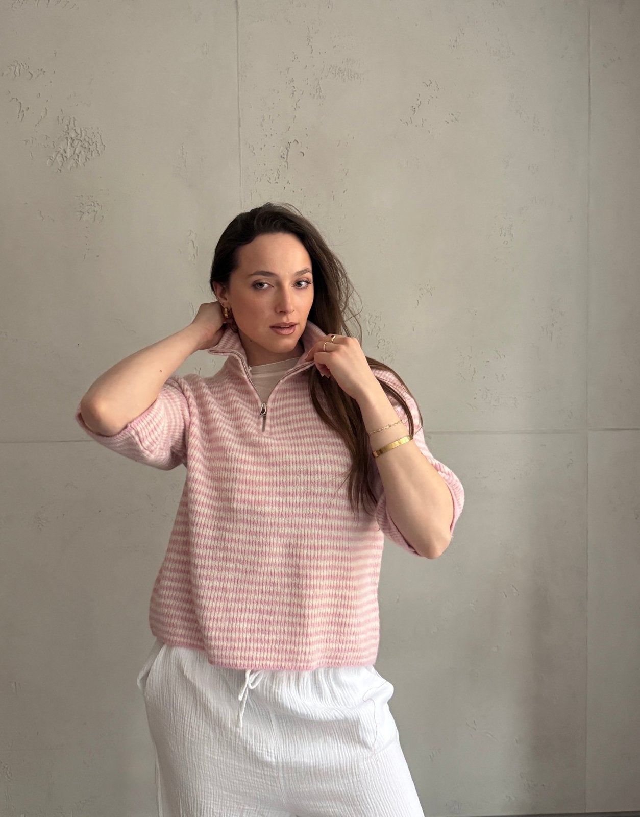 Gestreifter Kurzarm - Pullover mit Quarter - Zip und Kragen - Switch - Fashion