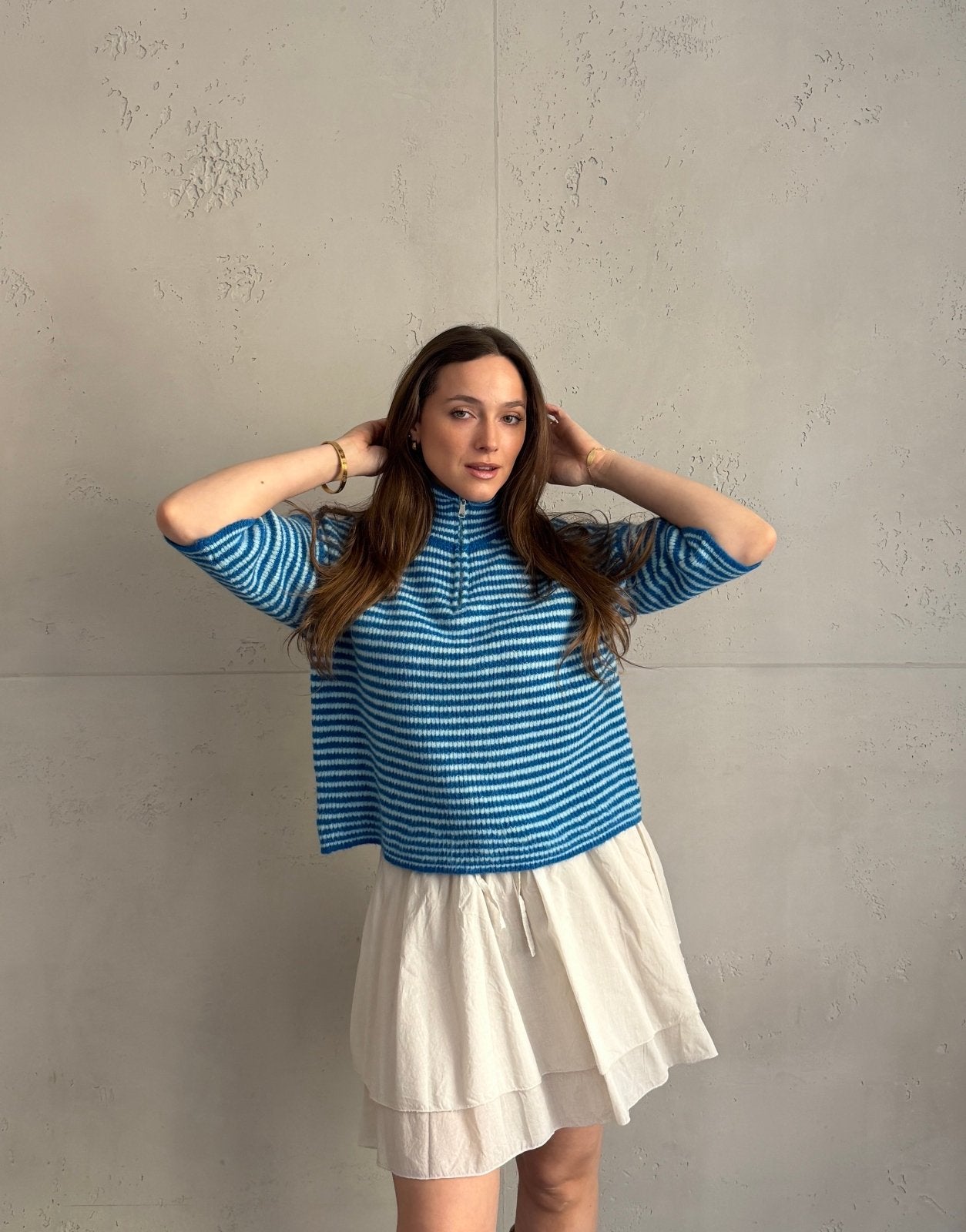 Gestreifter Kurzarm - Pullover mit Quarter - Zip und Kragen - Switch - Fashion