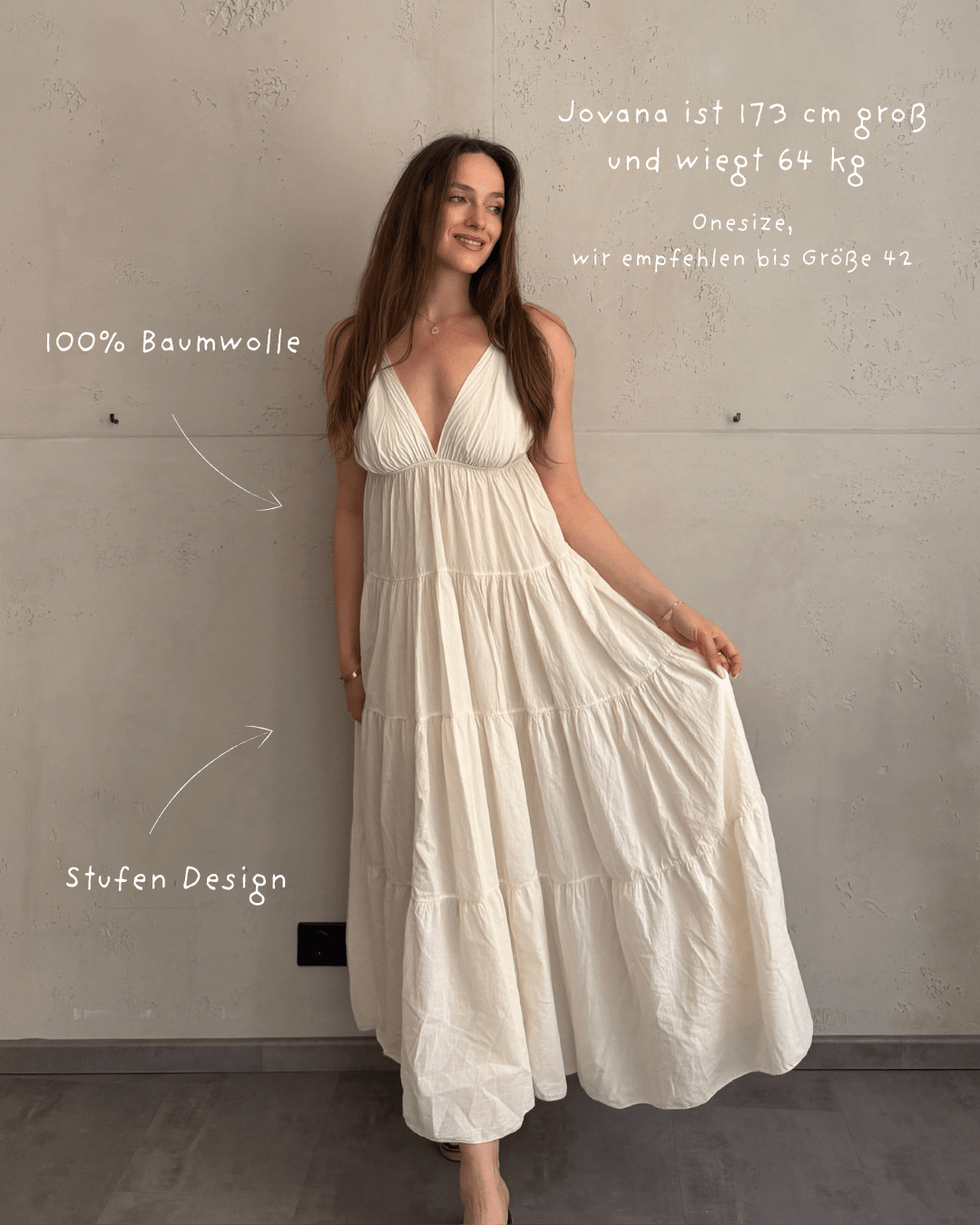Gestuftes Maxi Kleid mit Spaghettiträgern – 100% Baumwolle in Offwhite - Switch - Fashion
