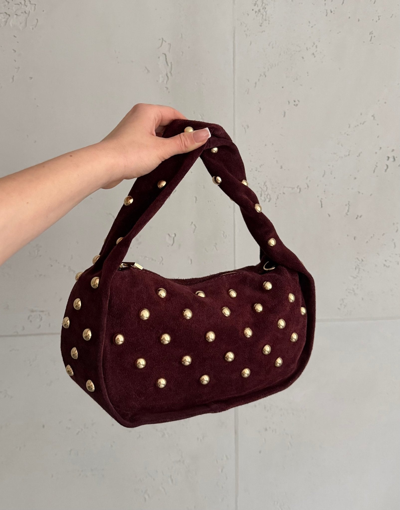 Kleine Leder - Handtasche mit Nieten – Burgundy / Braun - Switch - Fashion