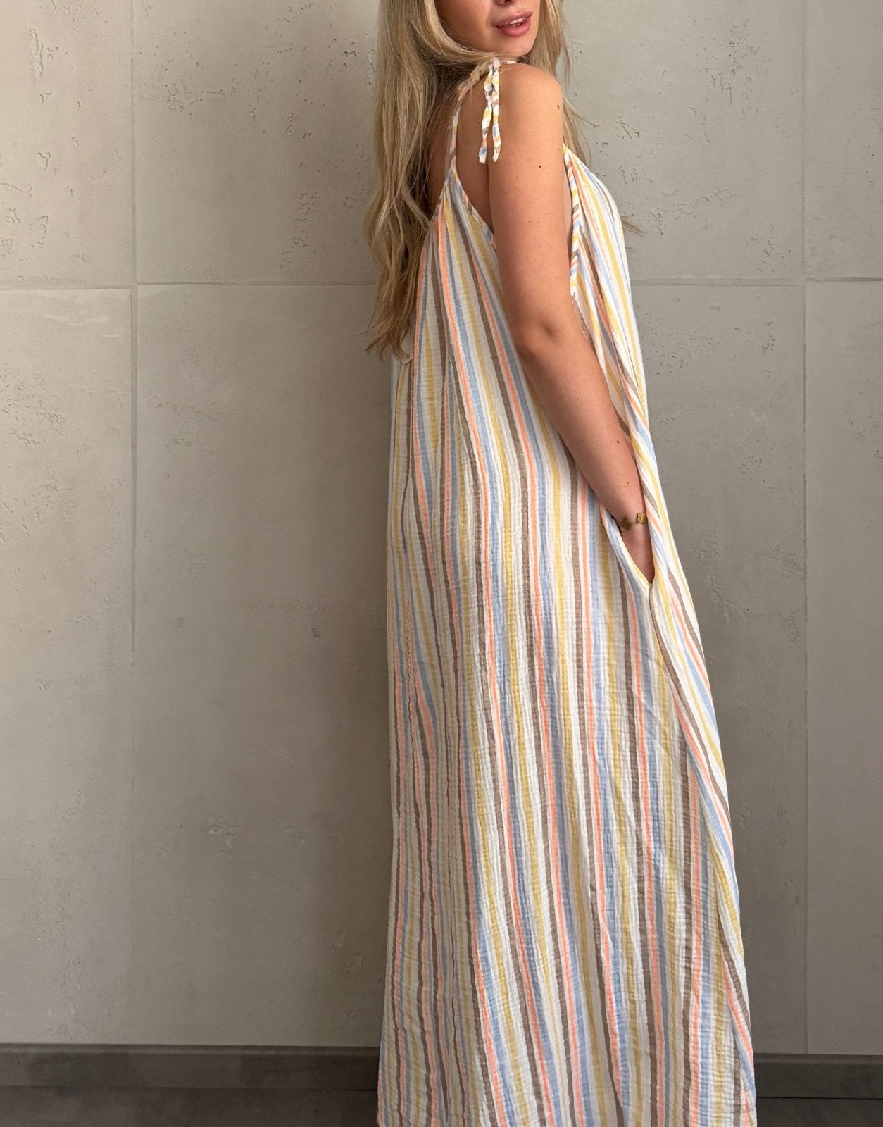 Musselin Maxikleid mit Pastellstreifen & Spaghettiträgern – 100% Baumwolle - Switch - Fashion
