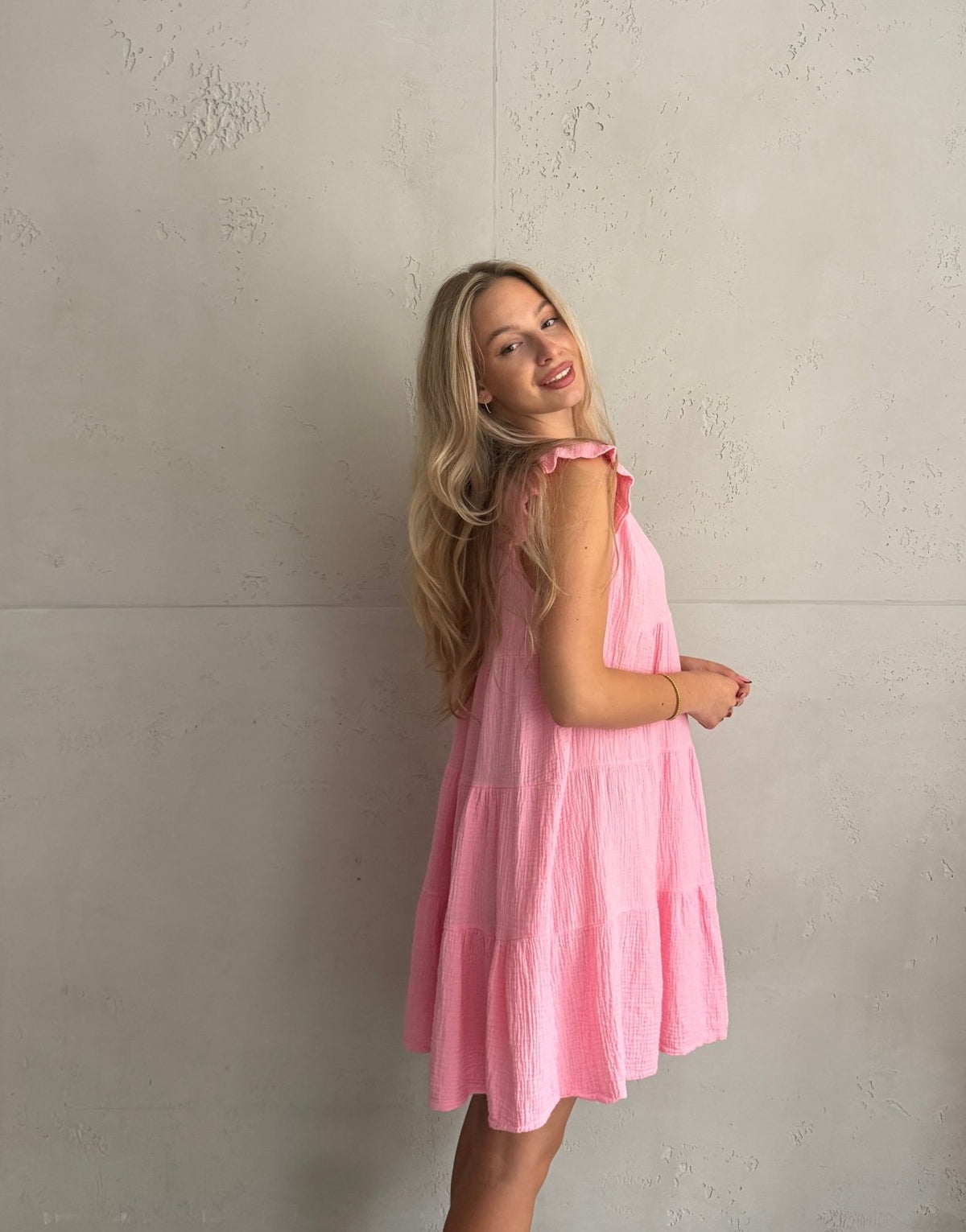 Musselin Minikleid Uni mit Rüschenärmel – 100% Baumwolle - Switch-Fashion