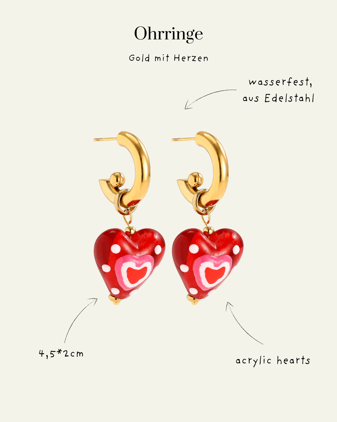 Red Acrylic Heart Edelstahl Ohrringe – Double Heart Statement - Switch - Fashion