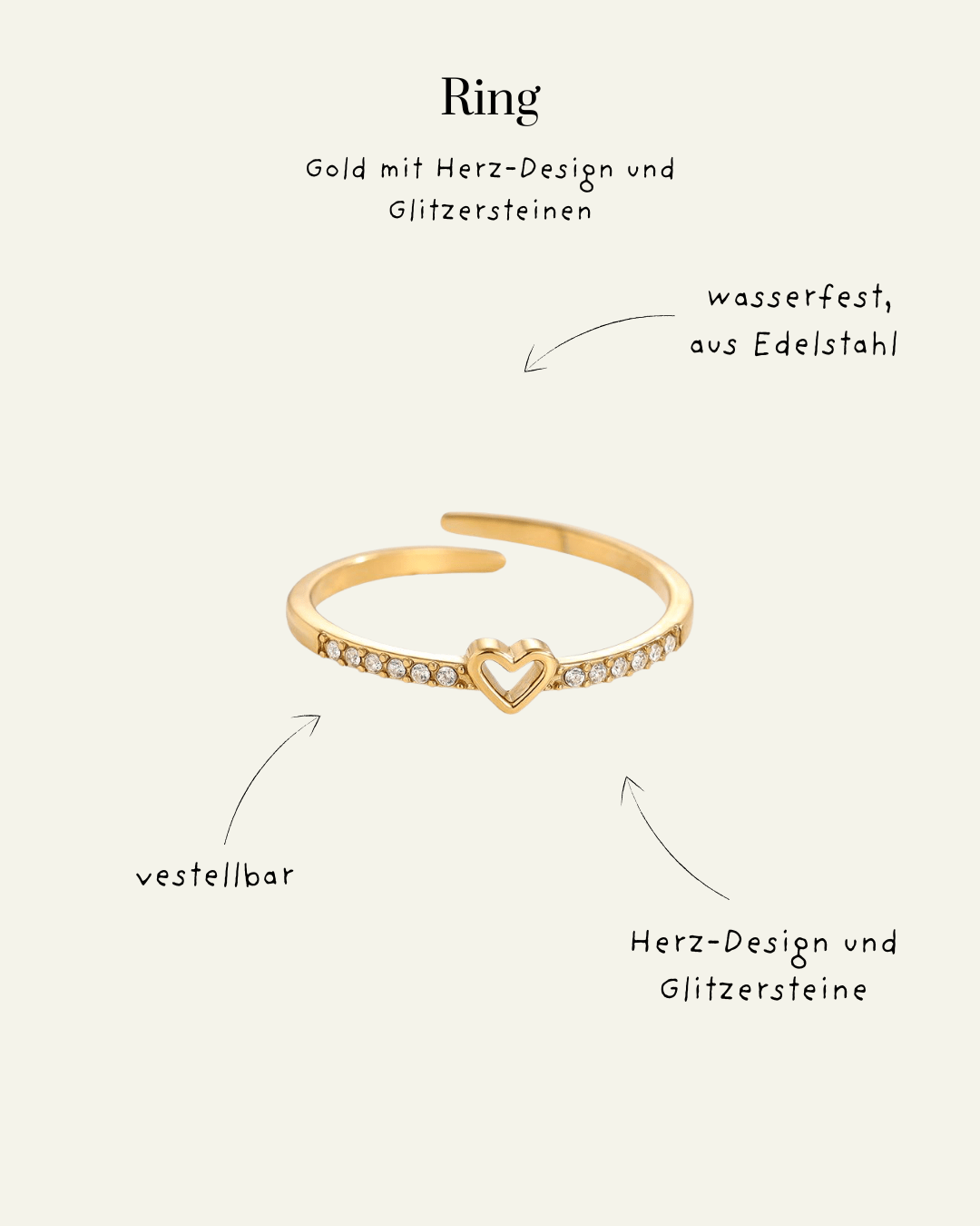 Small Heart In Diamonds Edelstahl Ring – Adjustable Luxury - Switch - Fashion