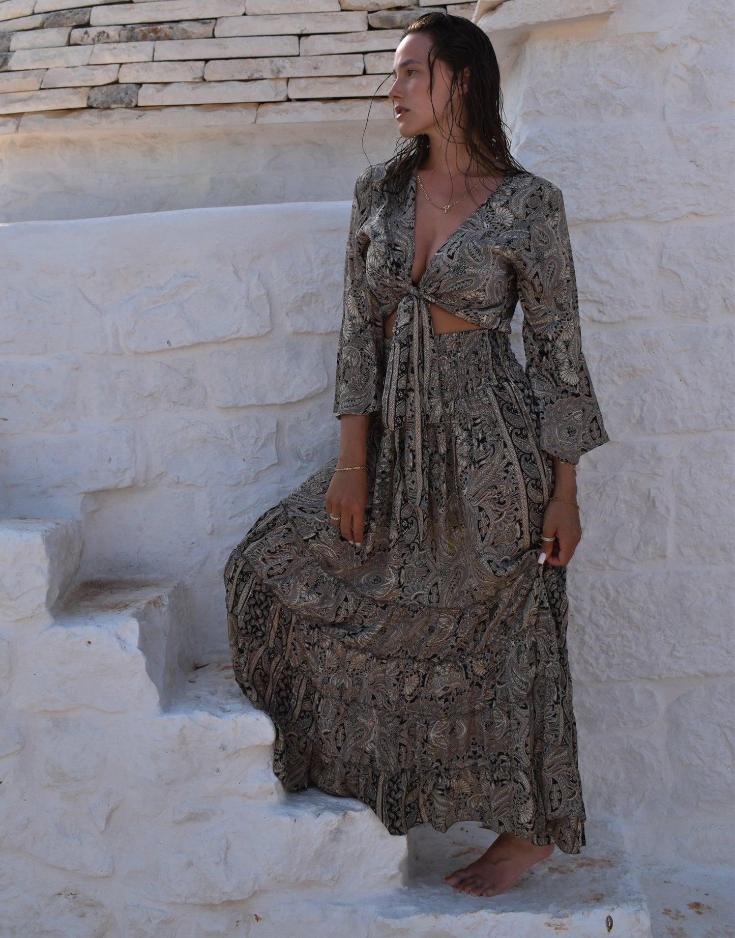 Set bestehend aus cropped Oberteil zum Binden und Rock mit Paisleymuster - Switch-Fashion