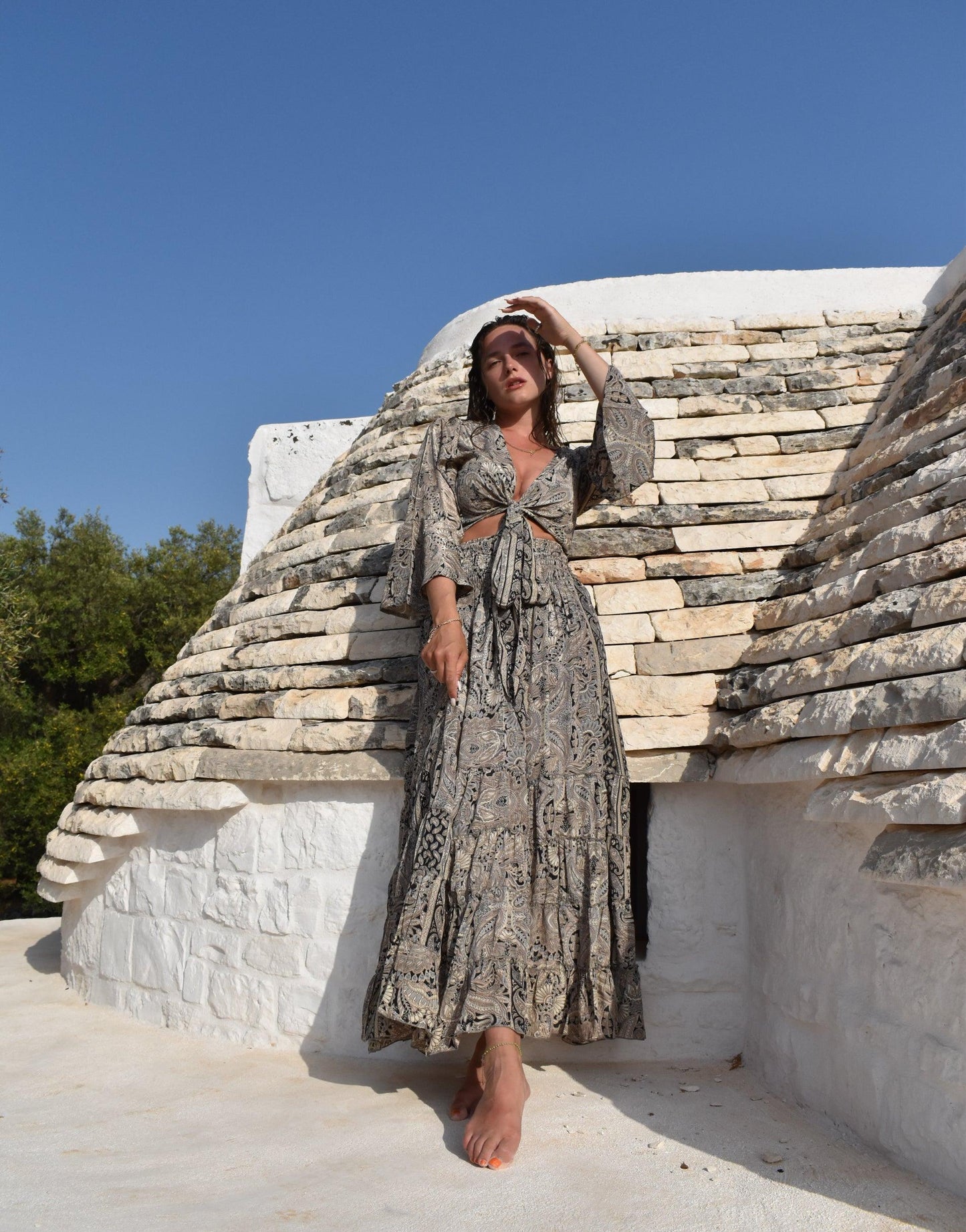Set bestehend aus cropped Oberteil zum Binden und Rock mit Paisleymuster - Switch-Fashion