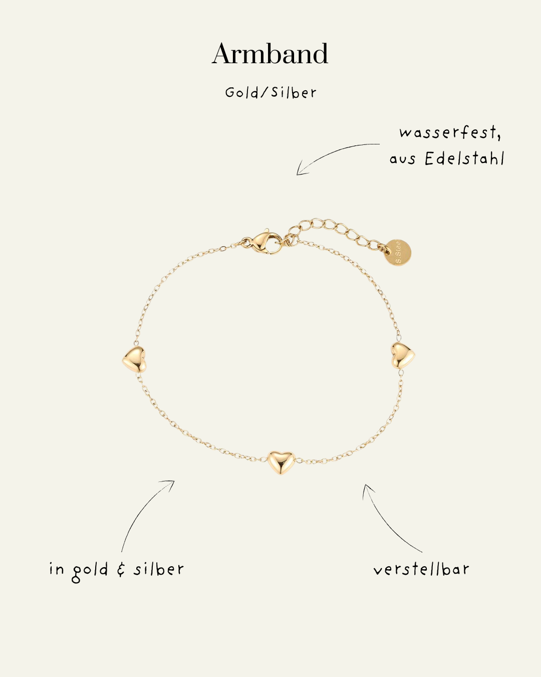 Tri-Heart Edelstahl Armband – Triple Love für dein Handgelenk