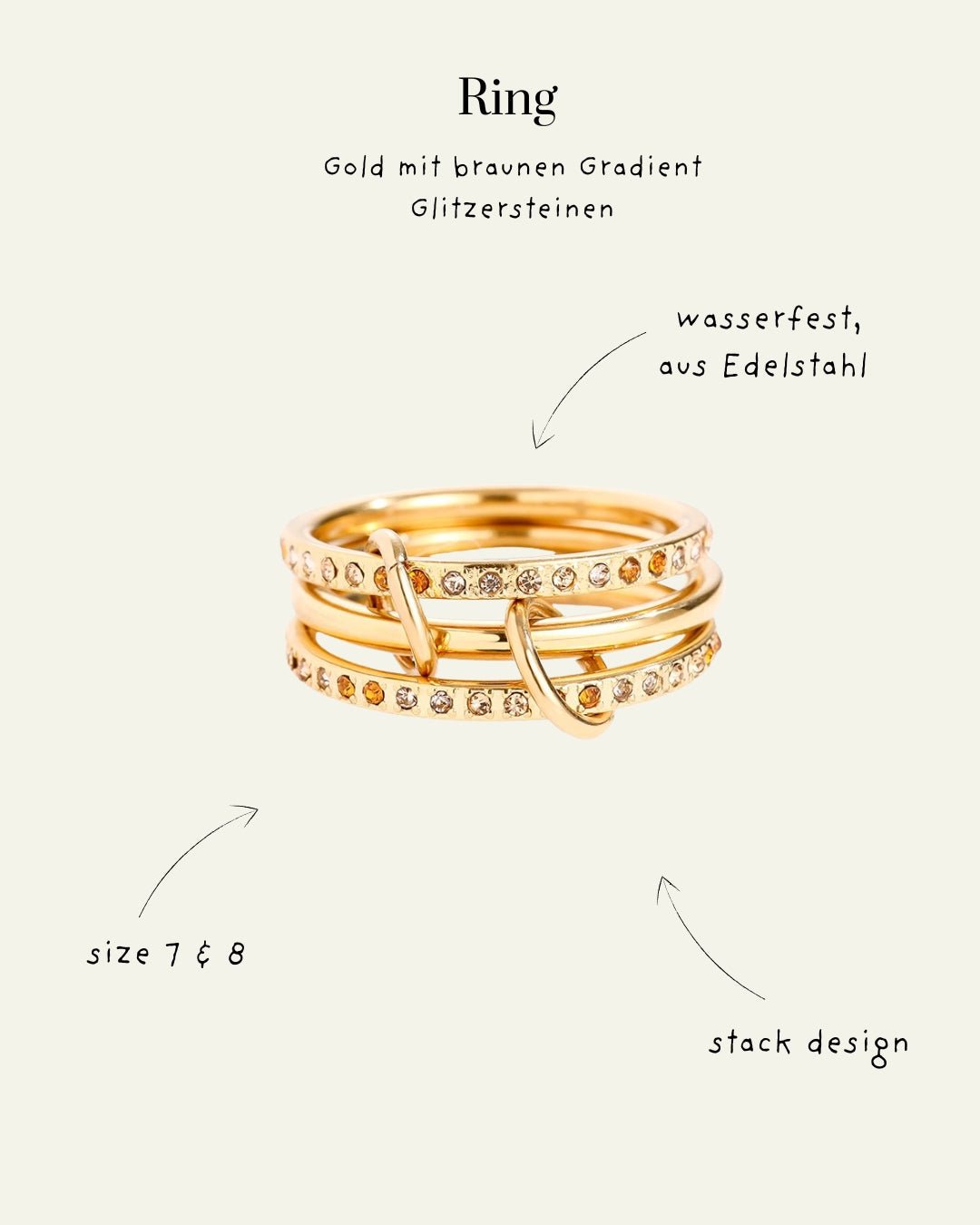 3 - Layer Goldring mit Zirkonia – Gradient Glitzersteine in Braun, Pink & Blau - Switch - Fashion