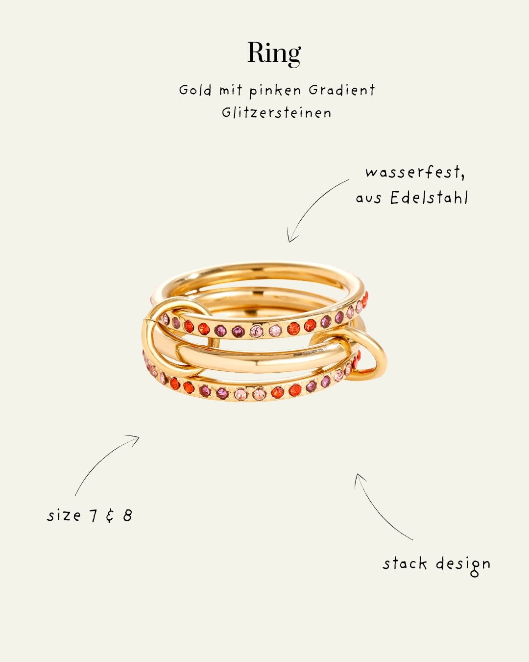 3 - Layer Goldring mit Zirkonia – Gradient Glitzersteine in Braun, Pink & Blau - Switch - Fashion