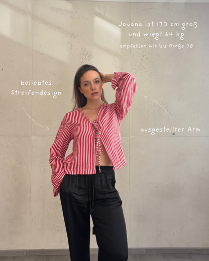 Musselinbluse mit Streifen in Rosa-Rot zum Binden