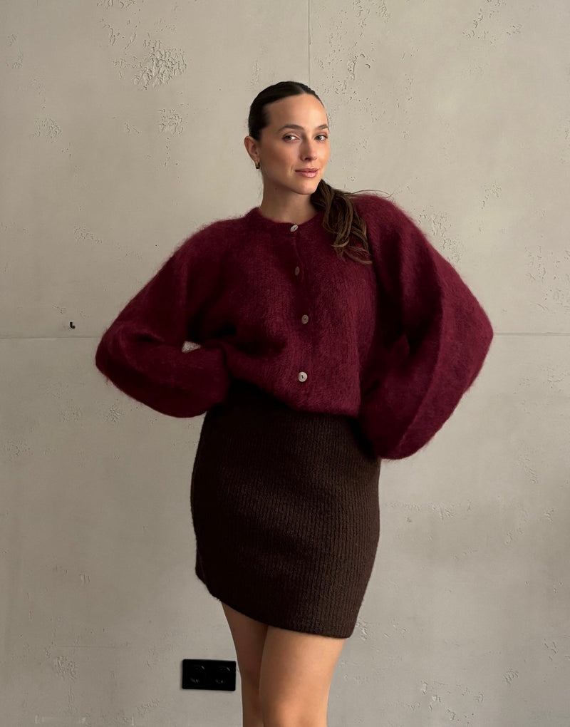 Mohair Strickjacke mit 80 % Mohair in Weinrot – passt zu Espresso-Braun