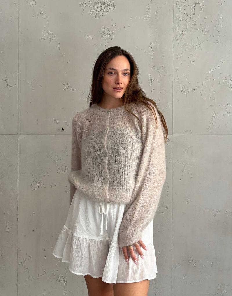 Mohair Strickjacke mit 80 % Mohair in Beige – passt zu Leo Print