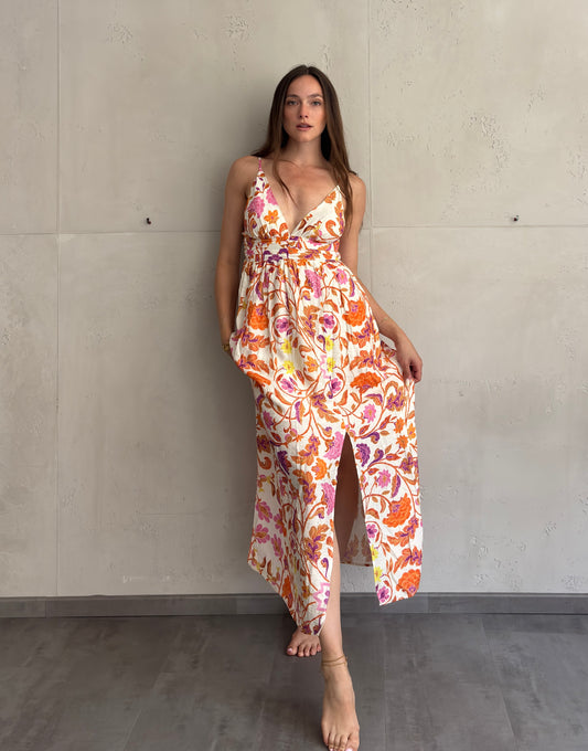 Maxi Flowerprint Kleid mit Schlitz & verstellbaren Spaghettiträgern