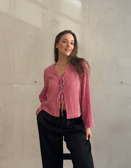 Musselinbluse mit Streifen in Rosa-Rot zum Binden