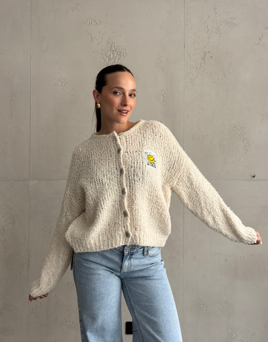 Bouclé Strickjacke mit Smiley Patch