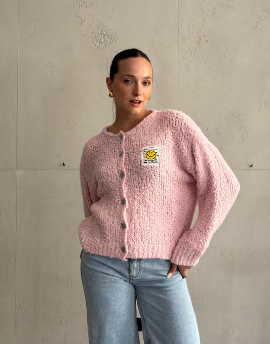 Bouclé Strickjacke mit Smiley Patch