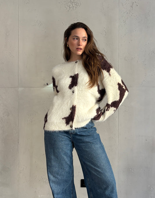 Cow-Strickjacke mit Knöpfen & Rundhals