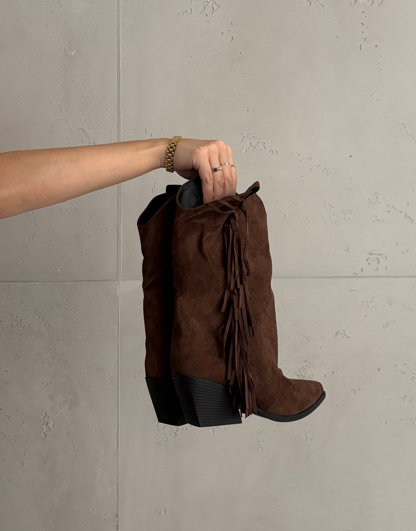 Cowboy Boots mit Fransen – Keilabsatz in Wildlederoptik Dunkelbraun