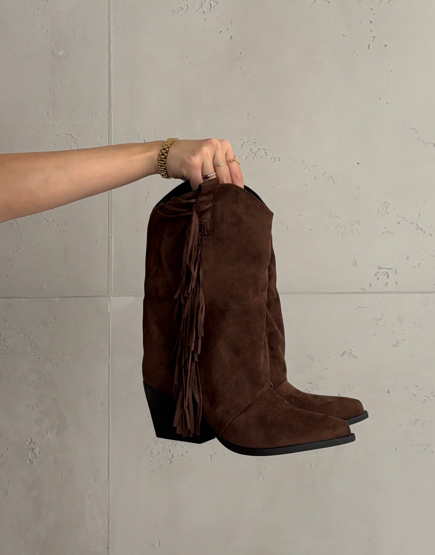 Cowboy Boots mit Fransen – Keilabsatz in Wildlederoptik Dunkelbraun