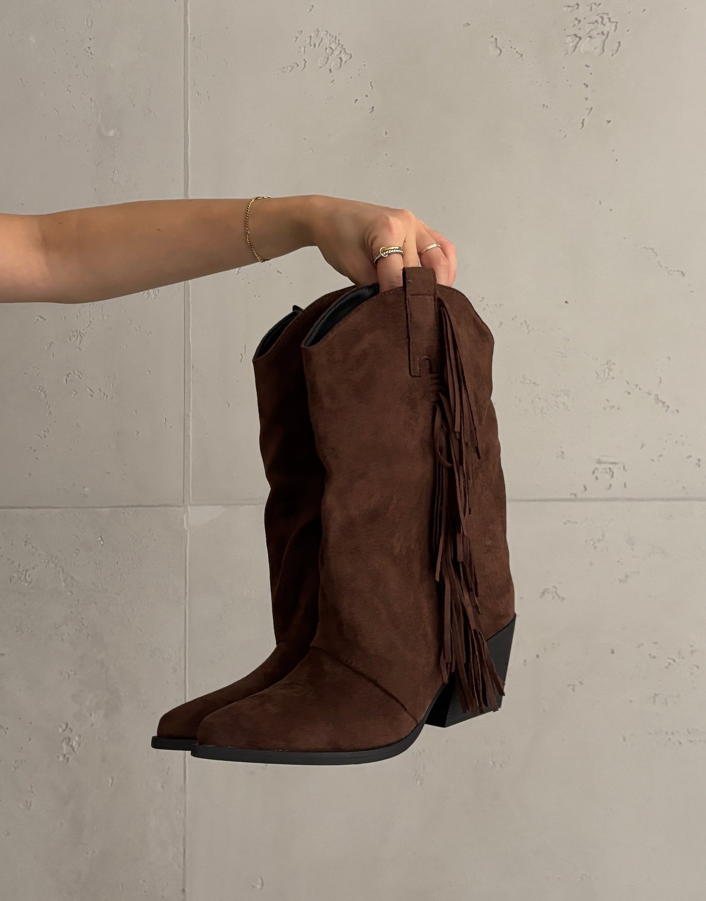 Cowboy Boots mit Fransen – Keilabsatz in Wildlederoptik Dunkelbraun