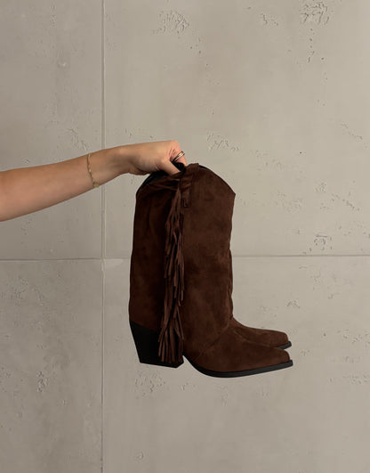 Cowboy Boots mit Fransen – Keilabsatz in Wildlederoptik Dunkelbraun