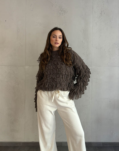 Fransenpullover Taupe