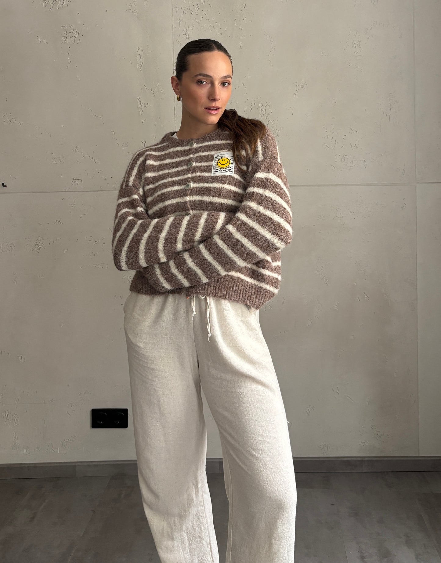 Smiley Patch Strickjacke gestreift