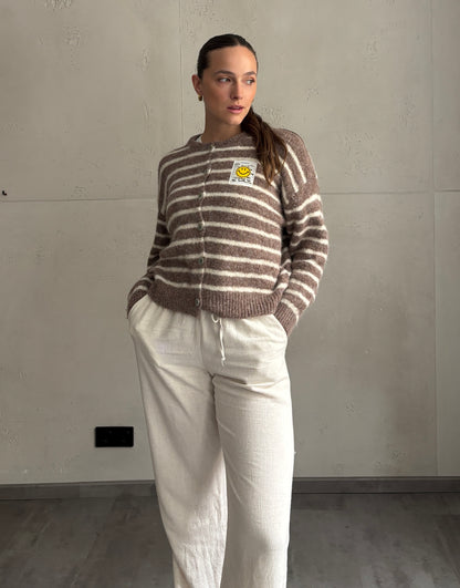 Smiley Patch Strickjacke gestreift