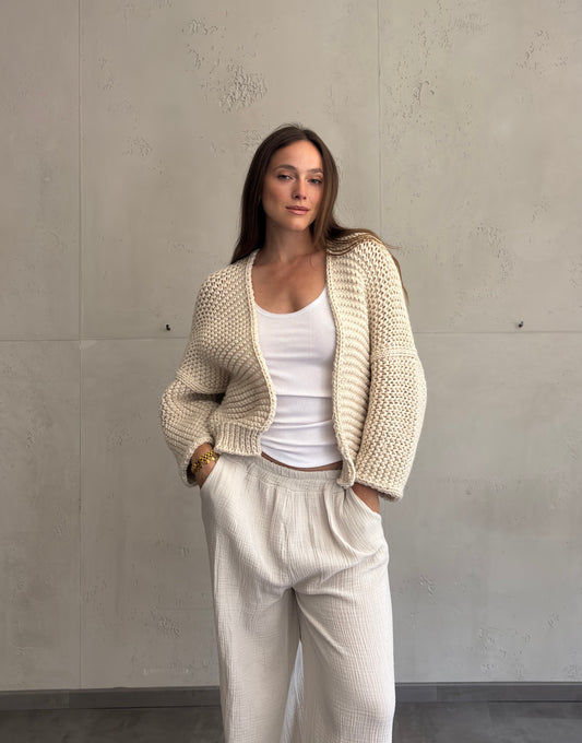 Grobgestrickte Strickjacke Offwhite/Beige – Chunky Knit Cardigan